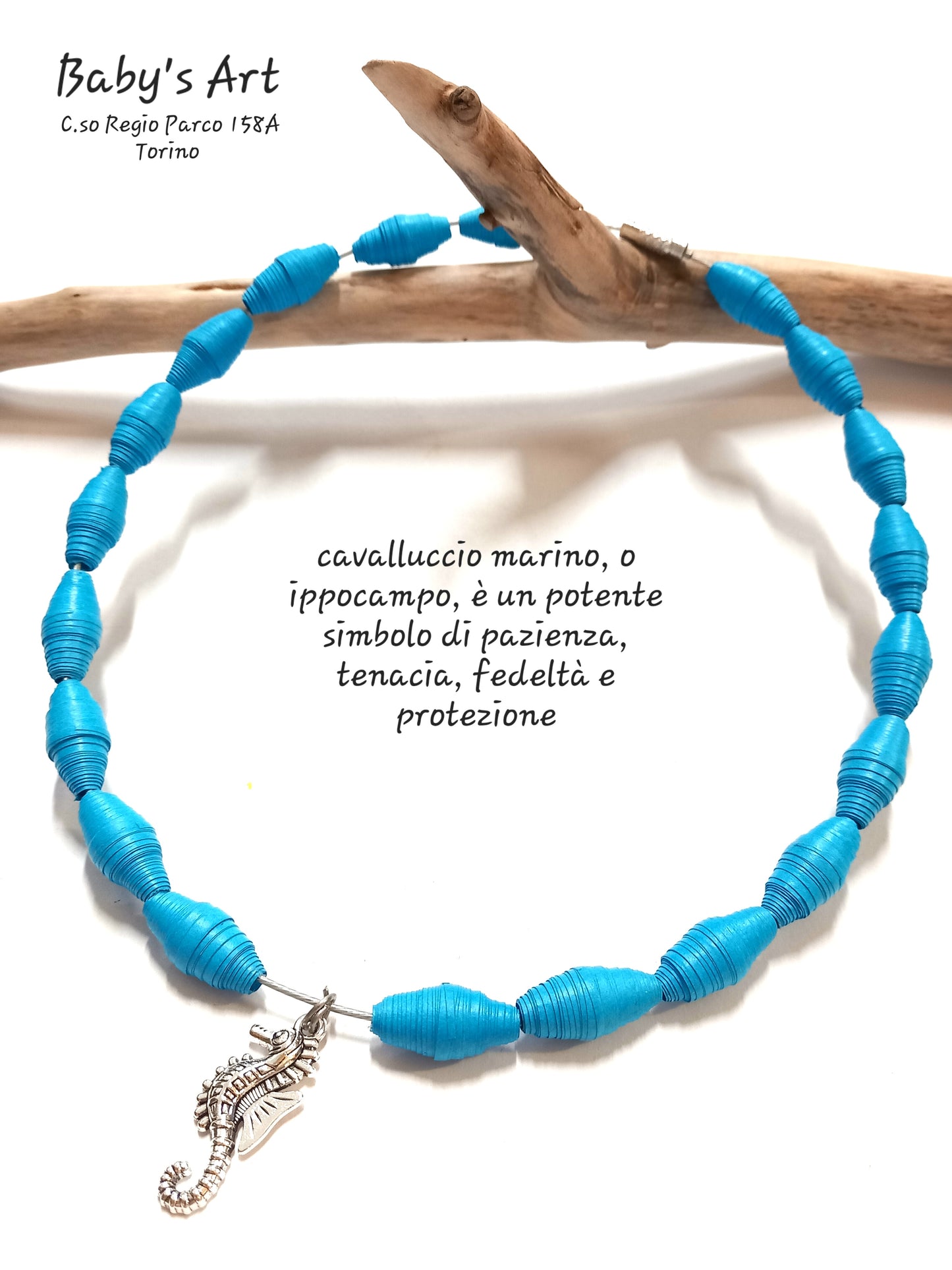 Collana perle azzurra e cavalluccio marino