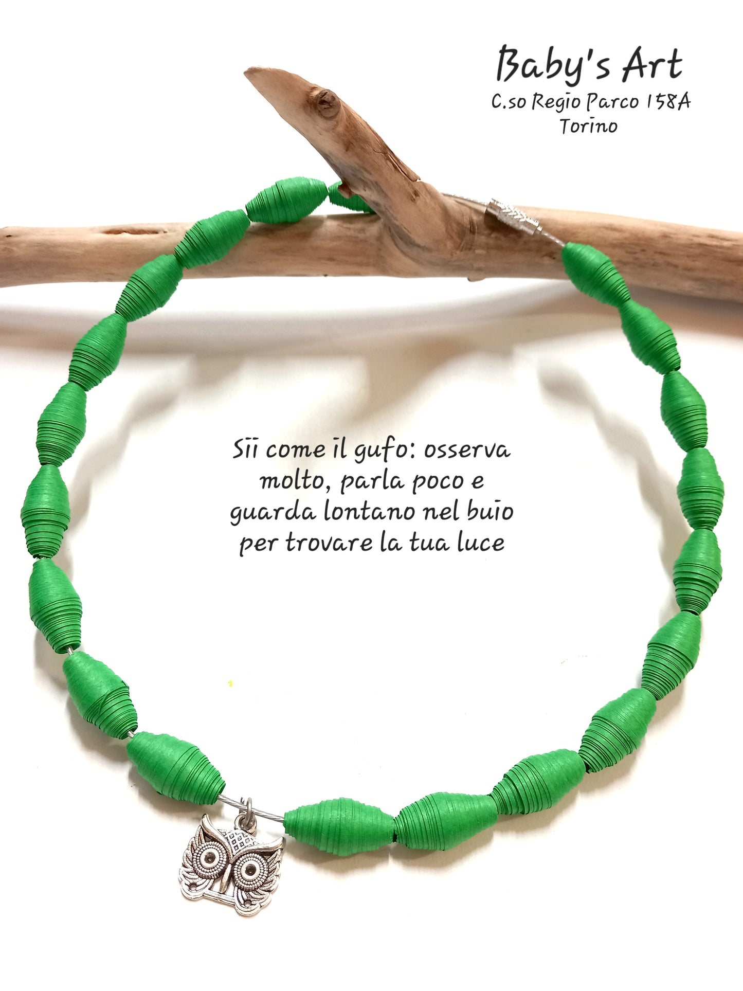 collana perle verde e gufo