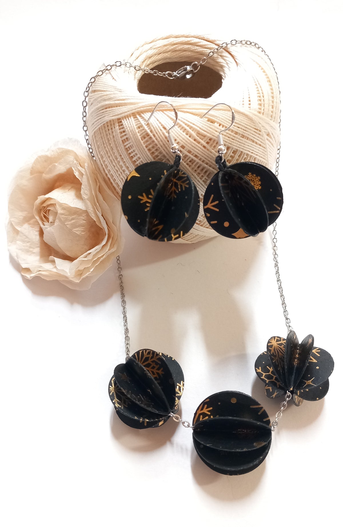 Parure collana + orecchini "Sfera origami 3d" nero