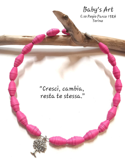 Collana perle fucsia e albero della vita