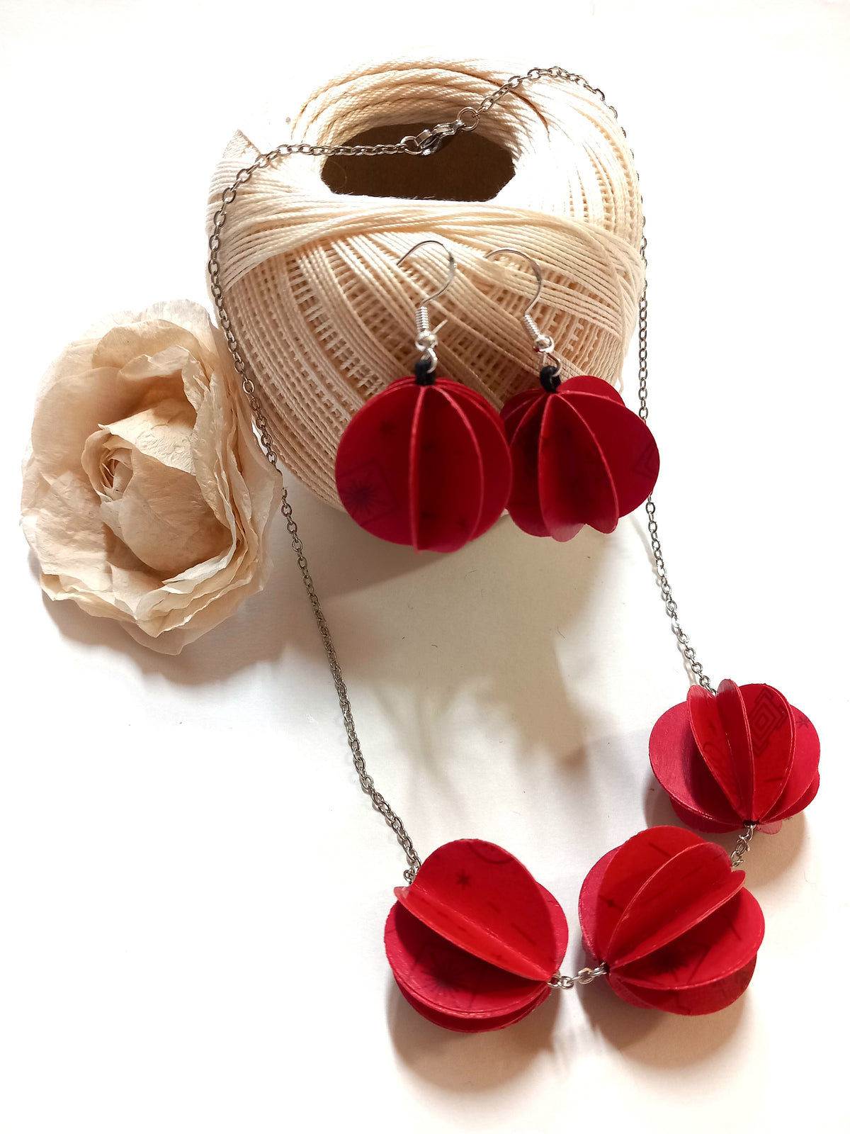 Parure collana + orecchini "Sfera origami 3d" rossa