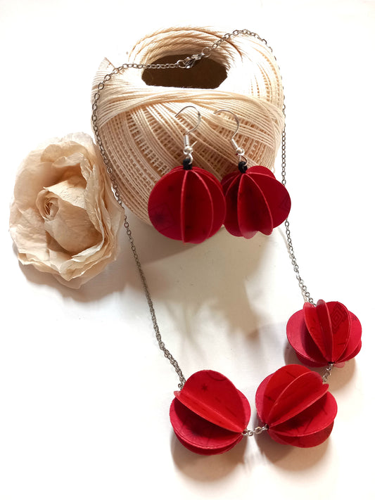 Parure collana + orecchini "Sfera origami 3d" rossa