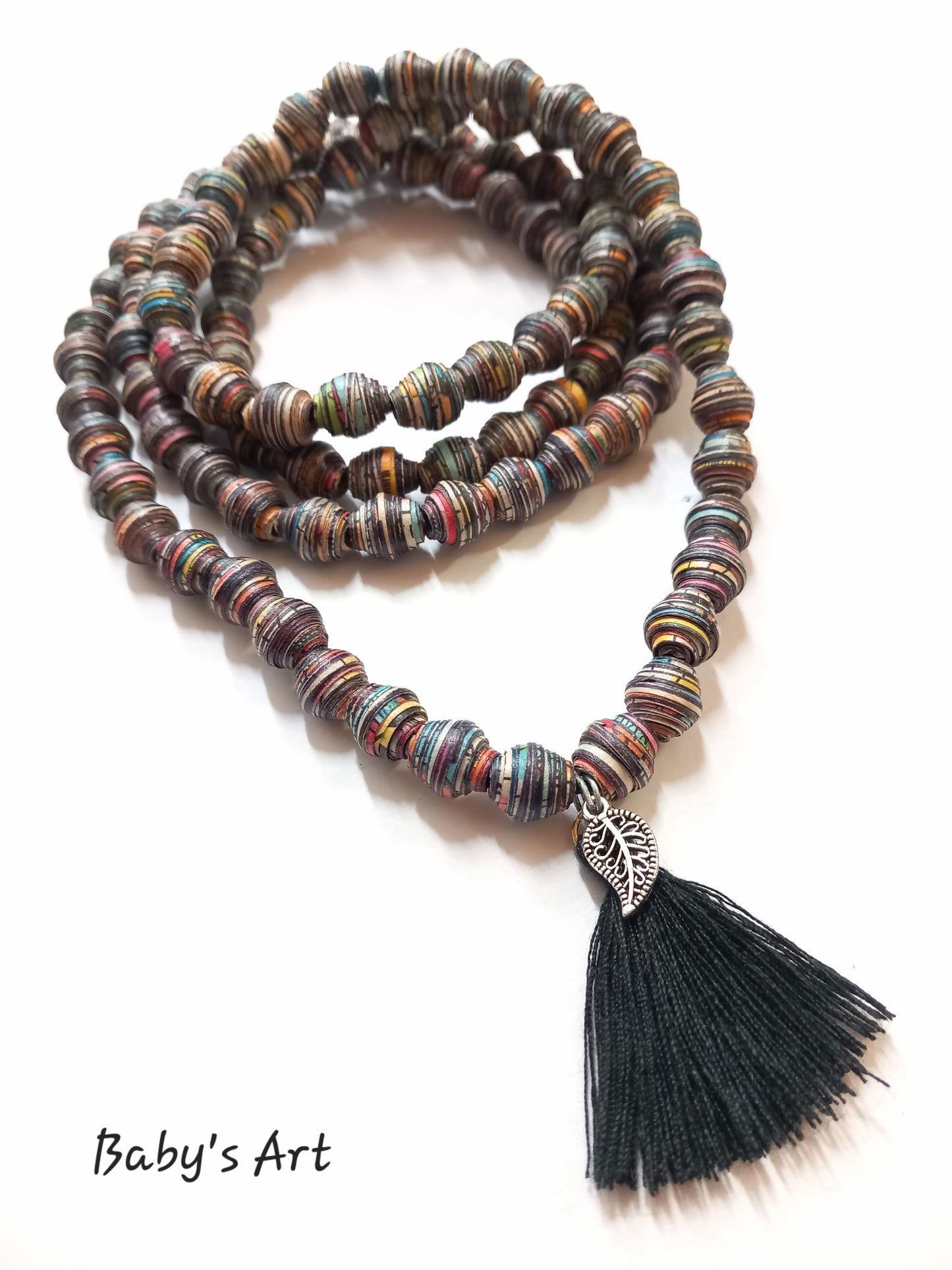 Collana 108 perle nappa nera e foglia