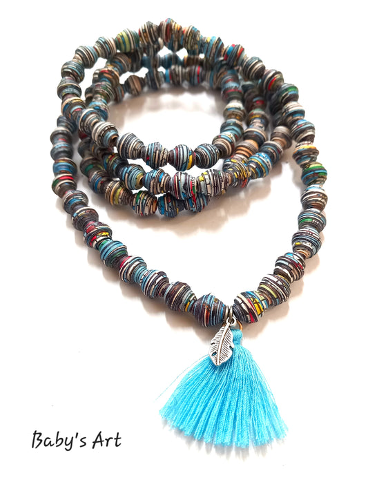 Collana 108 perle nappa azzurra e piuma