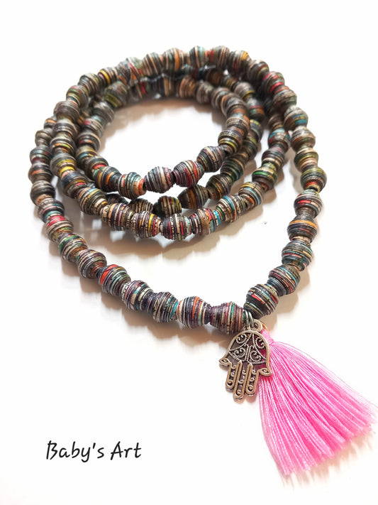 Collana 108 perle nappa rosa e mano